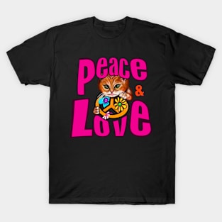 Peace and love peace sign flower child hippie cat T-Shirt